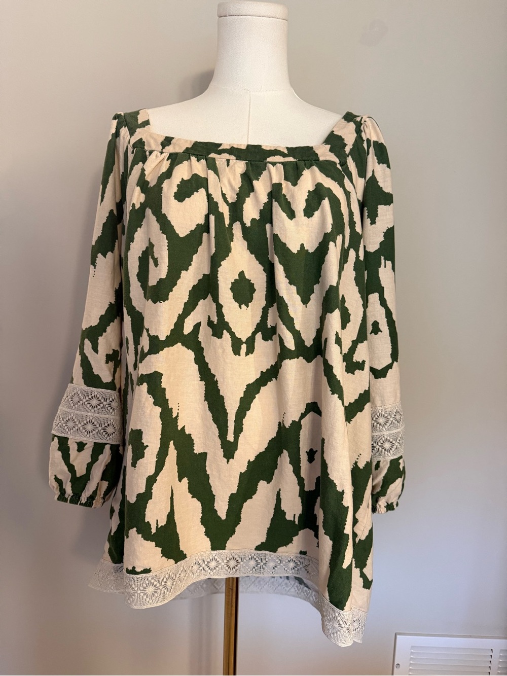 Rachel Zoe Green & Ivory Ikat Print Linen Blend Tunic Top Size 3X Linen Resort